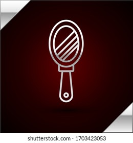 Silver line Hand mirror icon isolated on dark red background.  Vector Illustration