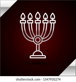 Silver line Hanukkah menorah icon isolated on dark red background. Hanukkah traditional symbol. Holiday religion, jewish festival of Lights.  Vector Illustration