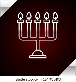 Silver line Hanukkah menorah icon isolated on dark red background. Hanukkah traditional symbol. Holiday religion, jewish festival of Lights.  Vector Illustration