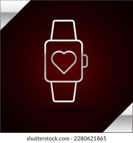Silver line Heart in the center wrist watch icon isolated on dark red background. Valentines day.  Vector Illustration