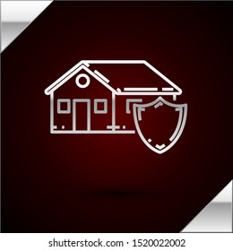 Silver line House under protection icon isolated on dark red background. Protection, safety, security, protect, defense concept.  Vector Illustration