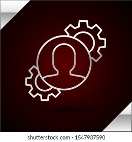 Silver line Human with gear inside icon isolated on dark red background. Artificial intelligence. Thinking brain sign. Symbol work of brain.  Vector Illustration