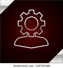 Silver line Human with gear inside icon isolated on dark red background. Artificial intelligence. Thinking brain sign. Symbol work of brain.  Vector Illustration