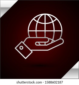 Silver line Human hands holding Earth globe icon isolated on dark red background. Save earth concept.  Vector Illustration
