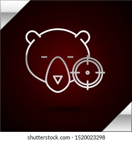 Silver line Hunt on bear with crosshairs icon isolated on dark red background. Hunting club logo with bear and target. Rifle lens aiming a bear.  Vector Illustration