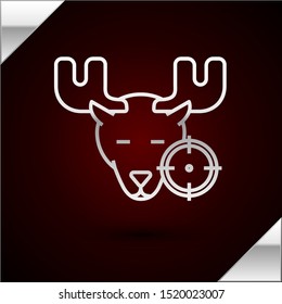 Silver line Hunt on moose with crosshairs icon isolated on dark red background. Hunting club logo with moose and target. Rifle lens aiming a moose.  Vector Illustration