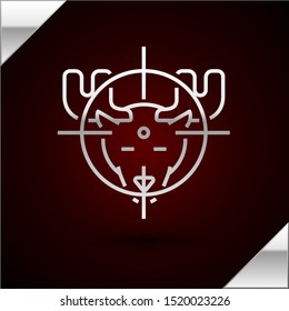 Silver line Hunt on moose with crosshairs icon isolated on dark red background. Hunting club logo with moose and target. Rifle lens aiming a moose.  Vector Illustration