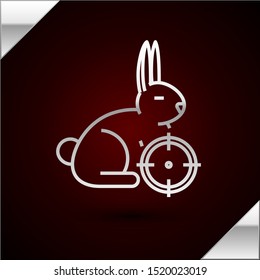 Silver line Hunt on rabbit with crosshairs icon isolated on dark red background. Hunting club logo with rabbit and target. Rifle lens aiming a hare.  Vector Illustration