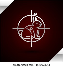 Silver line Hunt on rabbit with crosshairs icon isolated on dark red background. Hunting club logo with rabbit and target. Rifle lens aiming a hare.  Vector Illustration