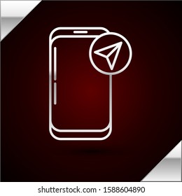 Silver line Infographic of city map navigation icon isolated on dark red background. Mobile App Interface concept design. Geolacation concept.  Vector Illustration