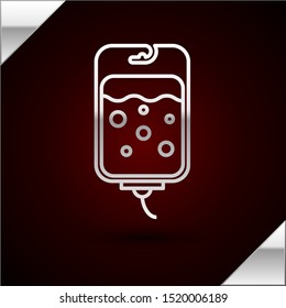 Silver line IV bag icon isolated on dark red background. Blood bag icon. Donate blood concept. The concept of treatment and therapy, chemotherapy.  Vector Illustration