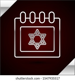 Silver line Jewish calendar with star of david icon isolated on dark red background. Hanukkah calendar day.  Vector Illustration