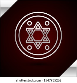 Silver line Jewish coin icon isolated on dark red background. Currency symbol.  Vector Illustration