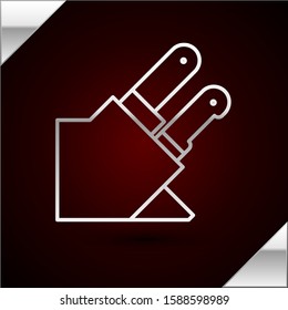 Silver line Knife icon isolated on dark red background. Cutlery symbol.  Vector Illustration