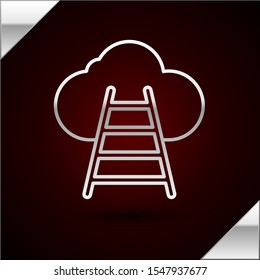 Silver line Ladder leading to cloud icon isolated on dark red background. Stairs leading to the cloud.  Vector Illustration