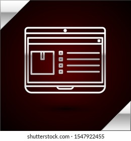 Silver line Laptop with app delivery tracking icon isolated on dark red background. Parcel tracking.  Vector Illustration