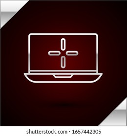 Silver line Laptop icon isolated on dark red background. Computer notebook with empty screen sign.  Vector Illustration