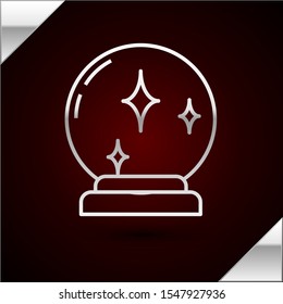 Silver line Magic ball icon isolated on dark red background. Crystal ball.  Vector Illustration