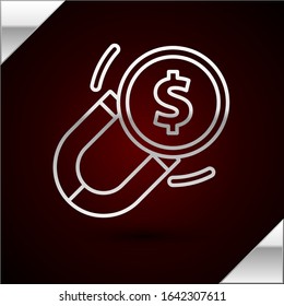 Silver line Magnet with money icon isolated on dark red background. Concept of attracting investments. Big business profit attraction and success.  Vector Illustration