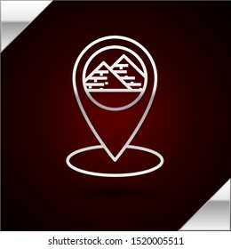 Silver line Map pointer with Egypt pyramids icon isolated on dark red background.  Vector Illustration