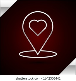 Silver line Map pointer with heart icon isolated on dark red background. Valentines day. Love location. Romantic map pin.  Vector Illustration