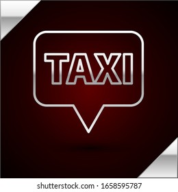 Silver line Map pointer with taxi icon isolated on dark red background. Location symbol.  Vector Illustration