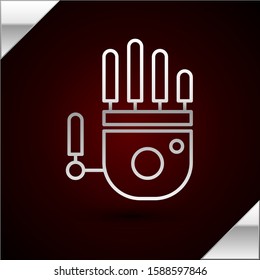 Silver line Mechanical robot hand icon isolated on dark red background. Robotic arm symbol. Technological concept.  Vector Illustration