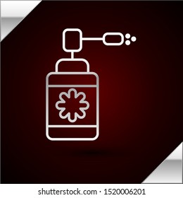 Silver line Medical bottle with nozzle spray for the treatment of diseases of the nose and throat icon isolated on dark red background.  Vector Illustration