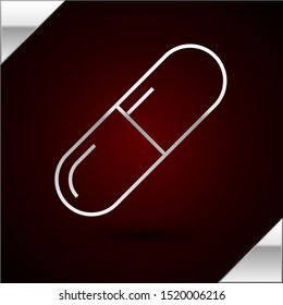 Silver line Medicine pill or tablet icon isolated on dark red background. Capsule pill and drug sign. Pharmacy design.  Vector Illustration