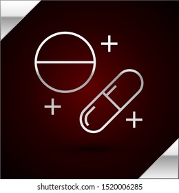 Silver line Medicine pill or tablet icon isolated on dark red background. Capsule pill and drug sign. Pharmacy design.  Vector Illustration