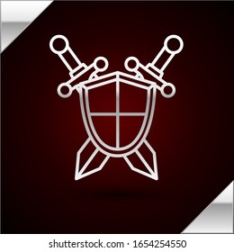 Silver line Medieval shield with crossed swords icon isolated on dark red background.  Vector Illustration