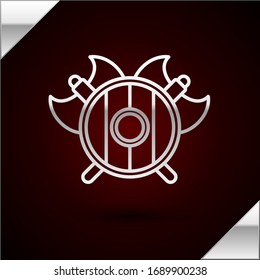 Línea plateada escudo medieval con icono de hachas cruzadas aislado sobre fondo rojo oscuro. Battle ax, verdugo hacha. Ilustración vectorial