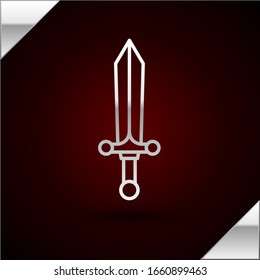 Silver line Medieval sword icon isolated on dark red background.  Vector Illustration