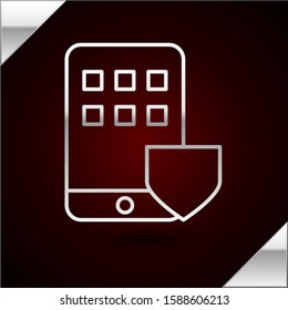 Silver line Mobile phone with shield icon isolated on dark red background. Smartphone insurance. Security, safety, protection, protect concept.  Vector Illustration