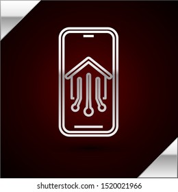 Silver line Mobile phone with smart home icon isolated on dark red background. Remote control.  Vector Illustration