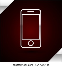 Silver line Mobile smart phone with app delivery tracking icon isolated on dark red background. Parcel tracking.  Vector Illustration