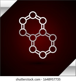 Silver line Molecule icon isolated on dark red background. Structure of molecules in chemistry, science teachers innovative educational poster.  Vector Illustration