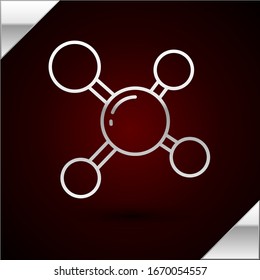 Icono de molécula de línea plateada aislado en fondo rojo oscuro. Estructura de moléculas en la química, profesores de ciencias afiche educativo innovador. Ilustración vectorial