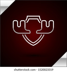 Silver line Moose horns on shield icon isolated on dark red background. Hunting trophy on wall.  Vector Illustration