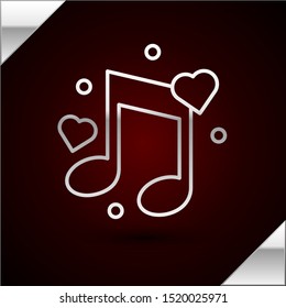 Silver line Music note, tone with hearts icon isolated on dark red background.  Vector Illustration