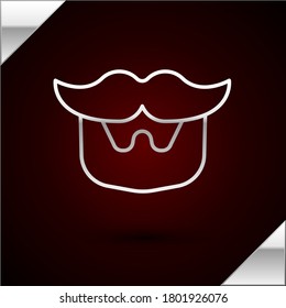 Silver line Mustache and beard icon isolated on dark red background. Barbershop symbol. Facial hair style.  Vector Illustration