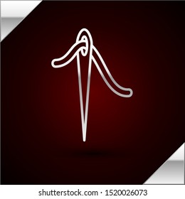 Silver line Needle for sewing with thread icon isolated on dark red background. Tailor symbol. Textile sew up craft sign. Embroidery tool.  Vector Illustration