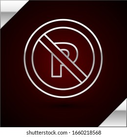 Silver line No Parking or stopping icon isolated on dark red background. Street road sign.  Vector Illustration