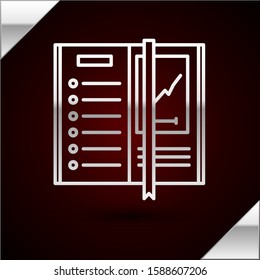 Silver line Notebook icon isolated on dark red background. Spiral notepad icon. Writing pad. Diary for business. Notebook cover design.  Vector Illustration