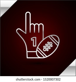 Silver line Number 1 one fan hand glove with finger raised and american football ball icon isolated on dark red background. Set of sport equipment. Vector Illustration Silver line Number 1 one fan hand glove with finger raised and american football ball icon isolated on dark red background. Set of sport equipment. Vector Illustration