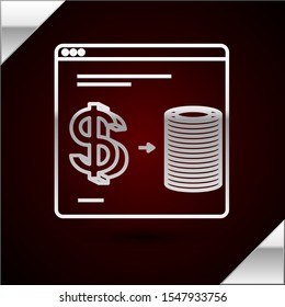 Silver line Online casino chips exchange on stacks of dollars icon isolated on dark red background.  Vector Illustration