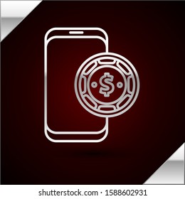 Silver line Online poker table game icon isolated on dark red background. Online casino.  Vector Illustration