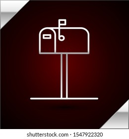 Silver line Open mail box icon isolated on dark red background. Mailbox icon. Mail postbox on pole with flag.  Vector Illustration