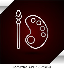 Silver line Paint brush with palette icon isolated on dark red background.  Vector Illustration