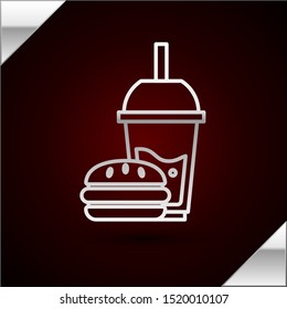 Silver line Paper glass with drinking straw and burger icon isolated on dark red background. Soda aqua drink sign. Hamburger, cheeseburger sandwich.  Vector Illustration